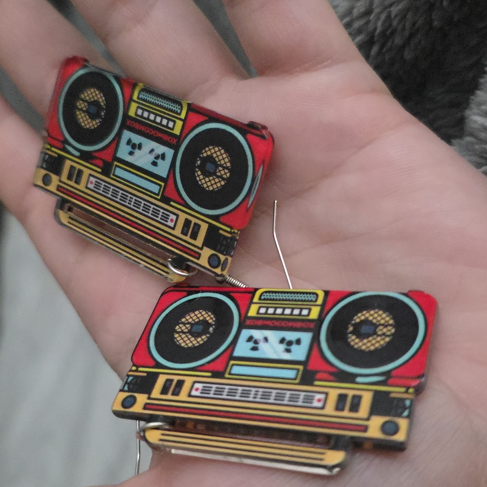 Boombox Earrings Red Gold 80s Novelty NWOT